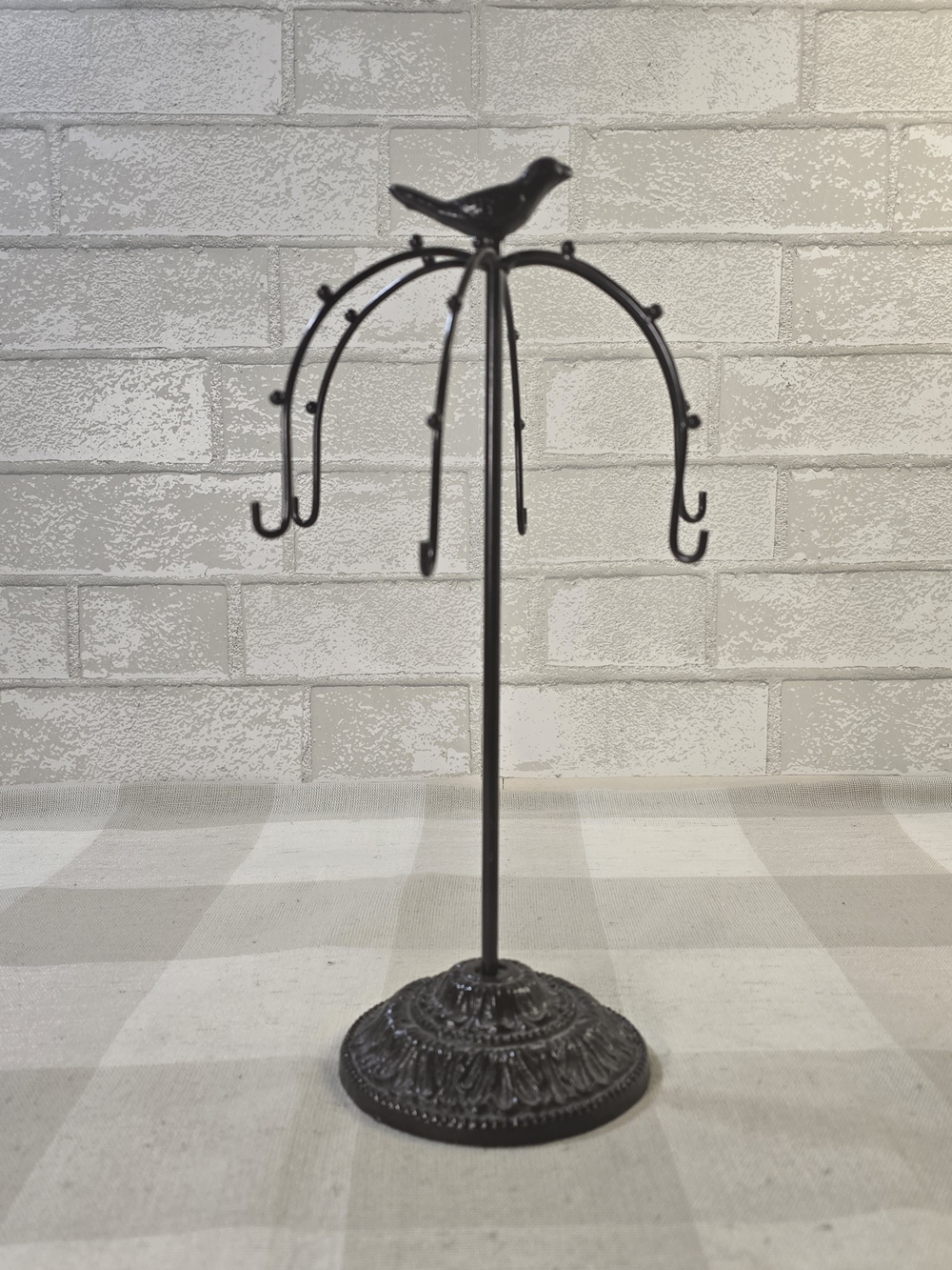 Metal w/ Cast Iron Base Bird/Tree Jewelry Stand Necklace Organizer 12.5” Tall